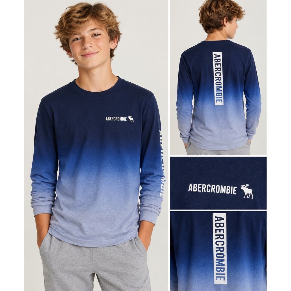 Abercrombie Kids Boys 15/16 Blue Ombre Logo Long‎ Sleeve Graphic T Shirt